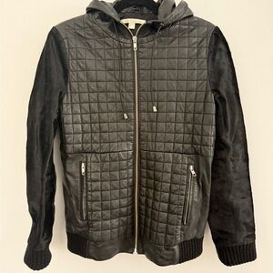 Jonathan Simkhai Black Quilted Leather Zip Up Hoodie and Ponyhair Sleeves